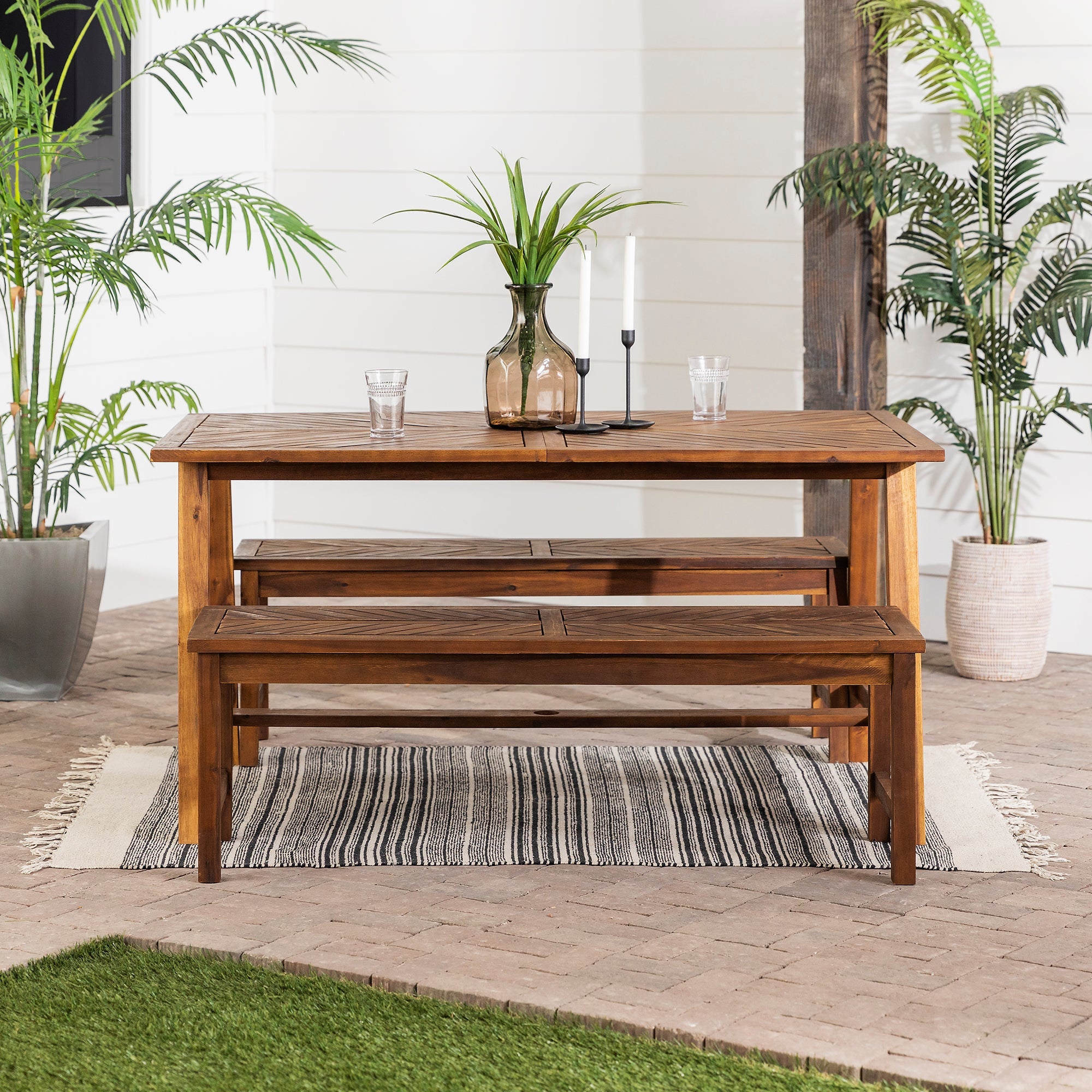 Vincent 3 Piece Acacia Wood Outdoor Chevron Picnic Dining Table Set