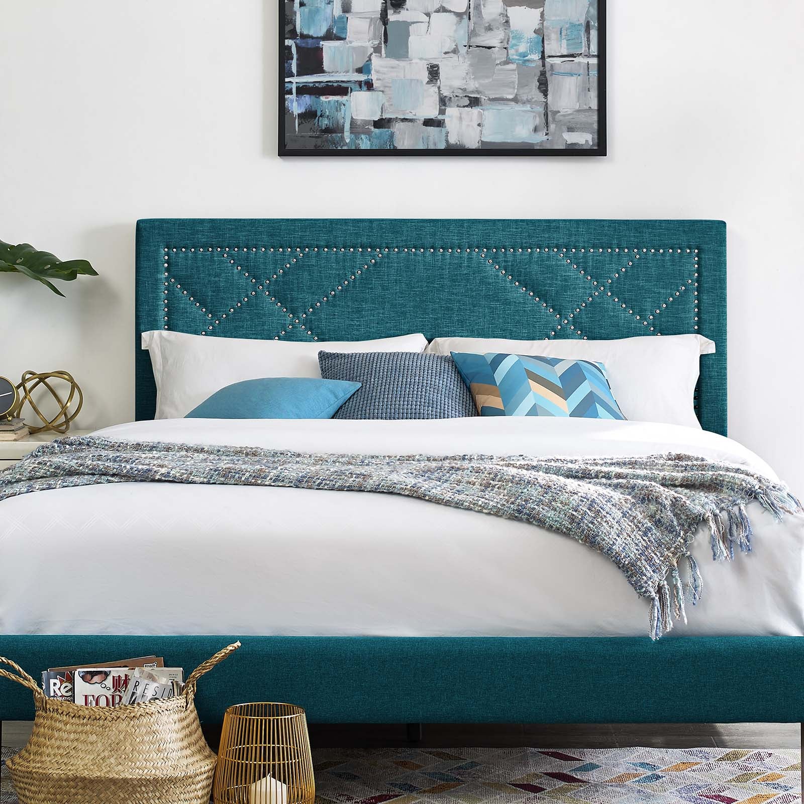Reese Nailhead Full / Queen Upholstered Linen Fabric Headboard
