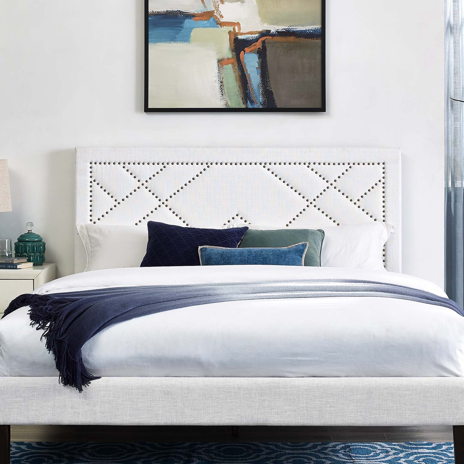 Reese Nailhead Full / Queen Upholstered Linen Fabric Headboard