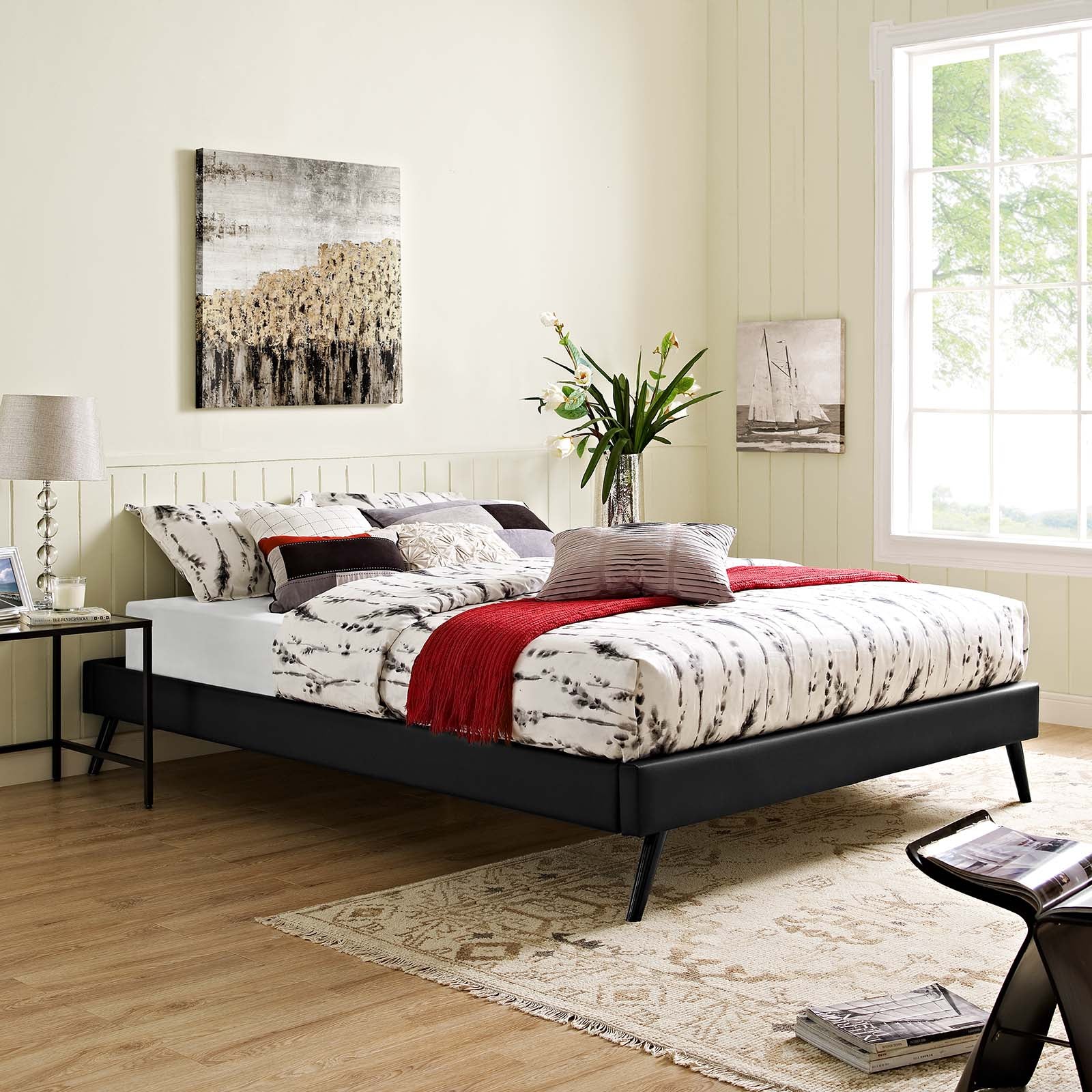 Loryn Queen Vinyl Bed Frame with Round Splayed Legs - East Shore Modern Home Furnishings