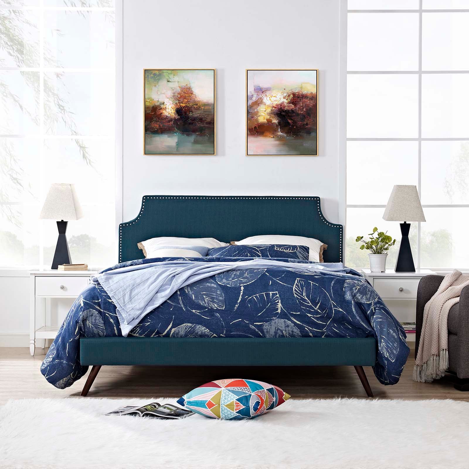 Corene Fabric Platform Bed with Round Splayed Legs - East Shore Modern Home Furnishings