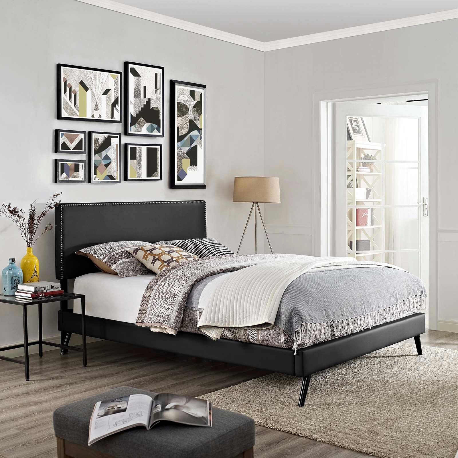 Macie Queen Vinyl Platform Bed with Round Splayed Legs - East Shore Modern Home Furnishings