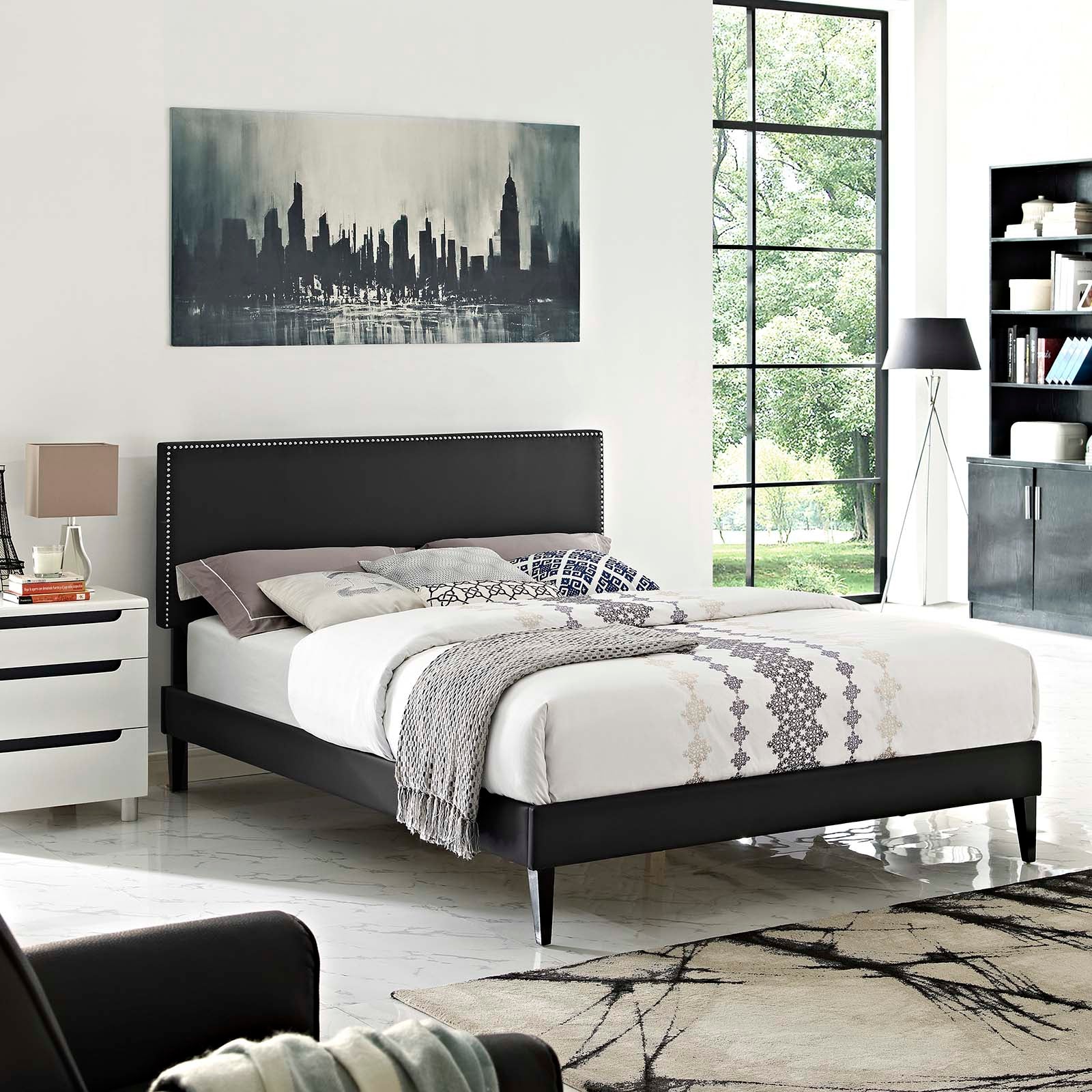 Macie King Vinyl Platform Bed with Squared Tapered Legs - East Shore Modern Home Furnishings