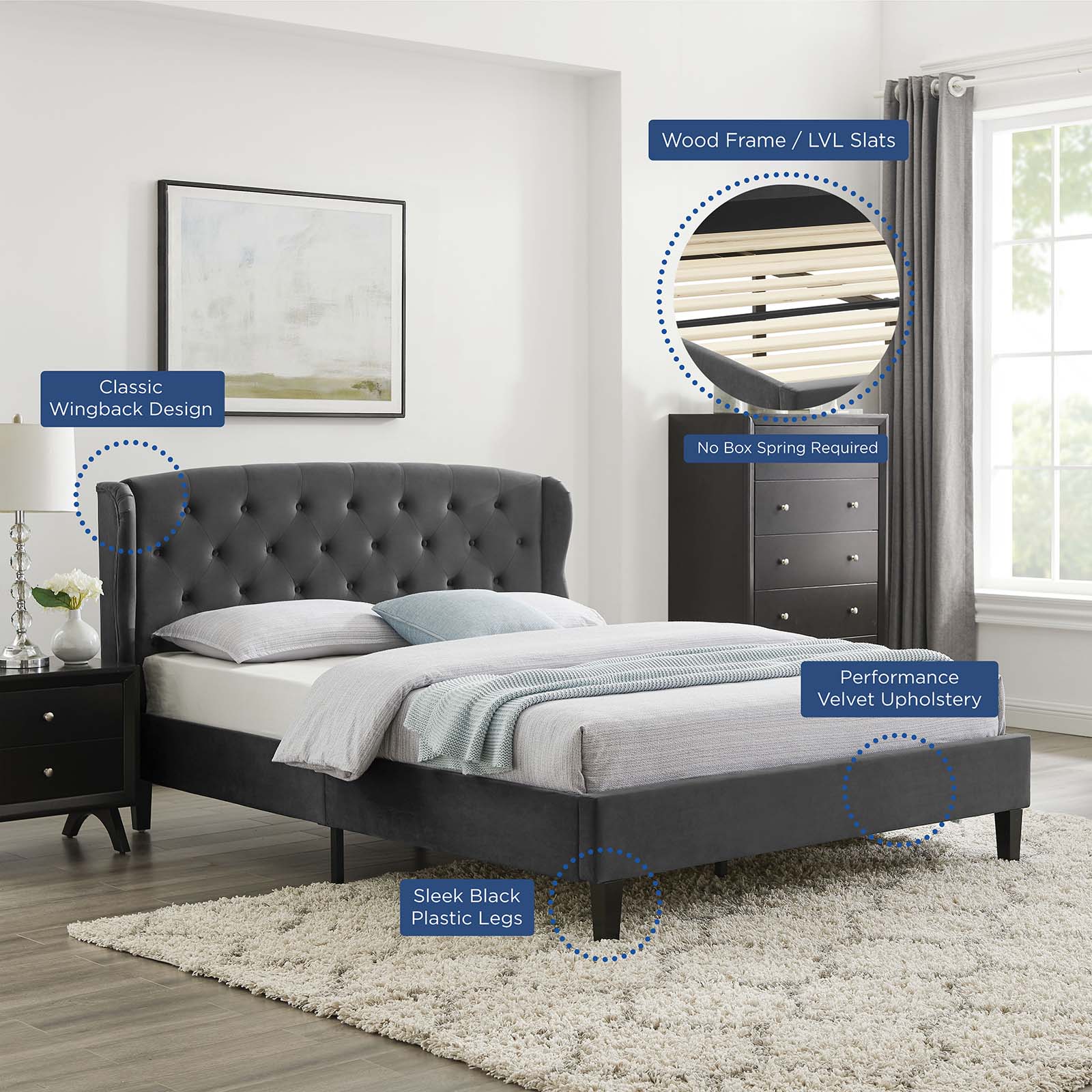 Penelope Tufted Wingback Queen Performance Velvet Platform Bed - East Shore Modern Home Furnishings