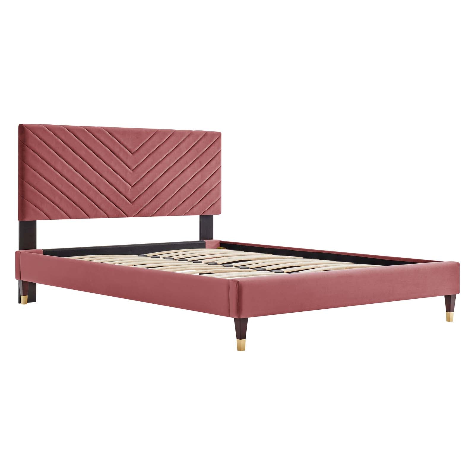 Roxanne Performance Velvet Queen Platform Bed with Gold Metal Sleeves - East Shore Modern Home Furnishings