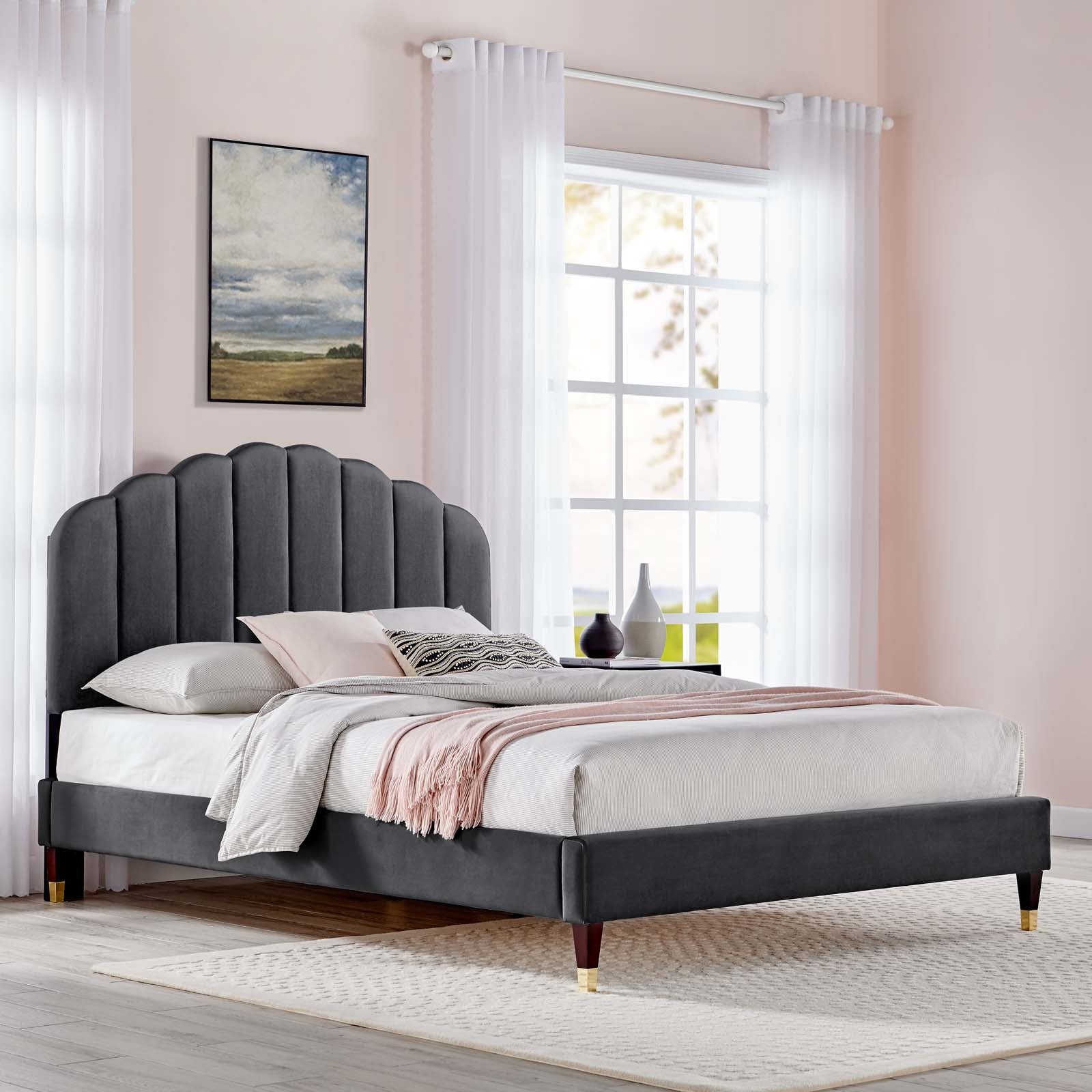 Daisy Performance Velvet Queen Platform Bed with Gold Metal Sleeves