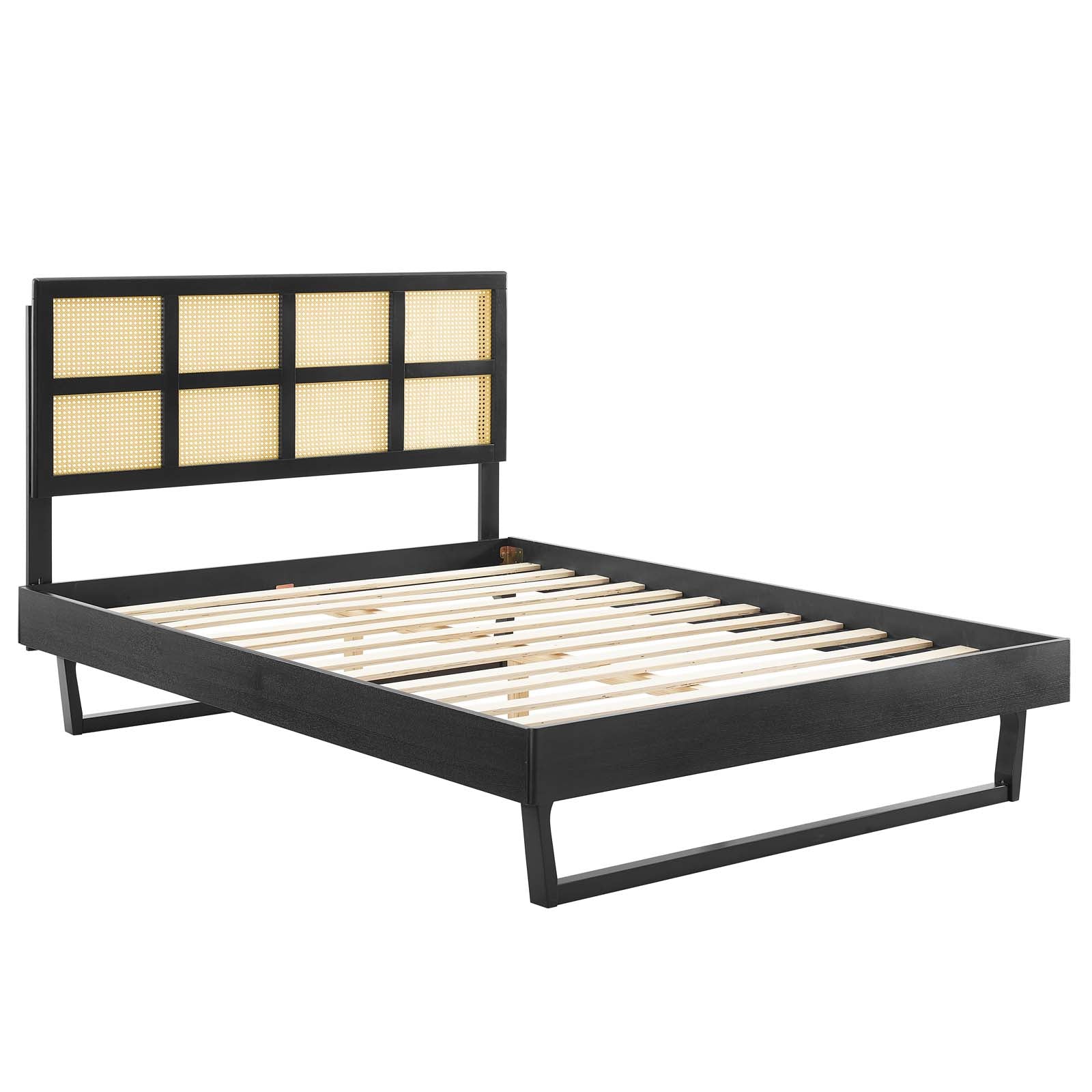 Sidney Cane and Wood Queen Platform Bed With Angular Legs