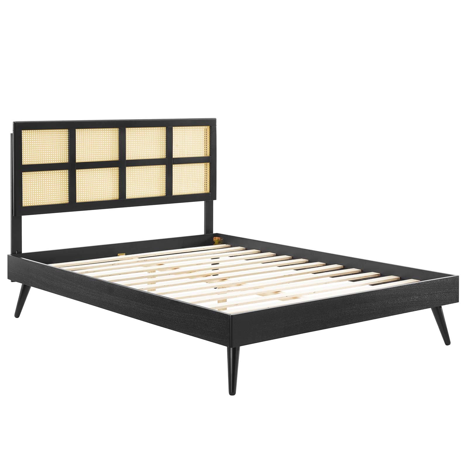 Sidney Cane and Wood Queen Platform Bed With Splayed Legs