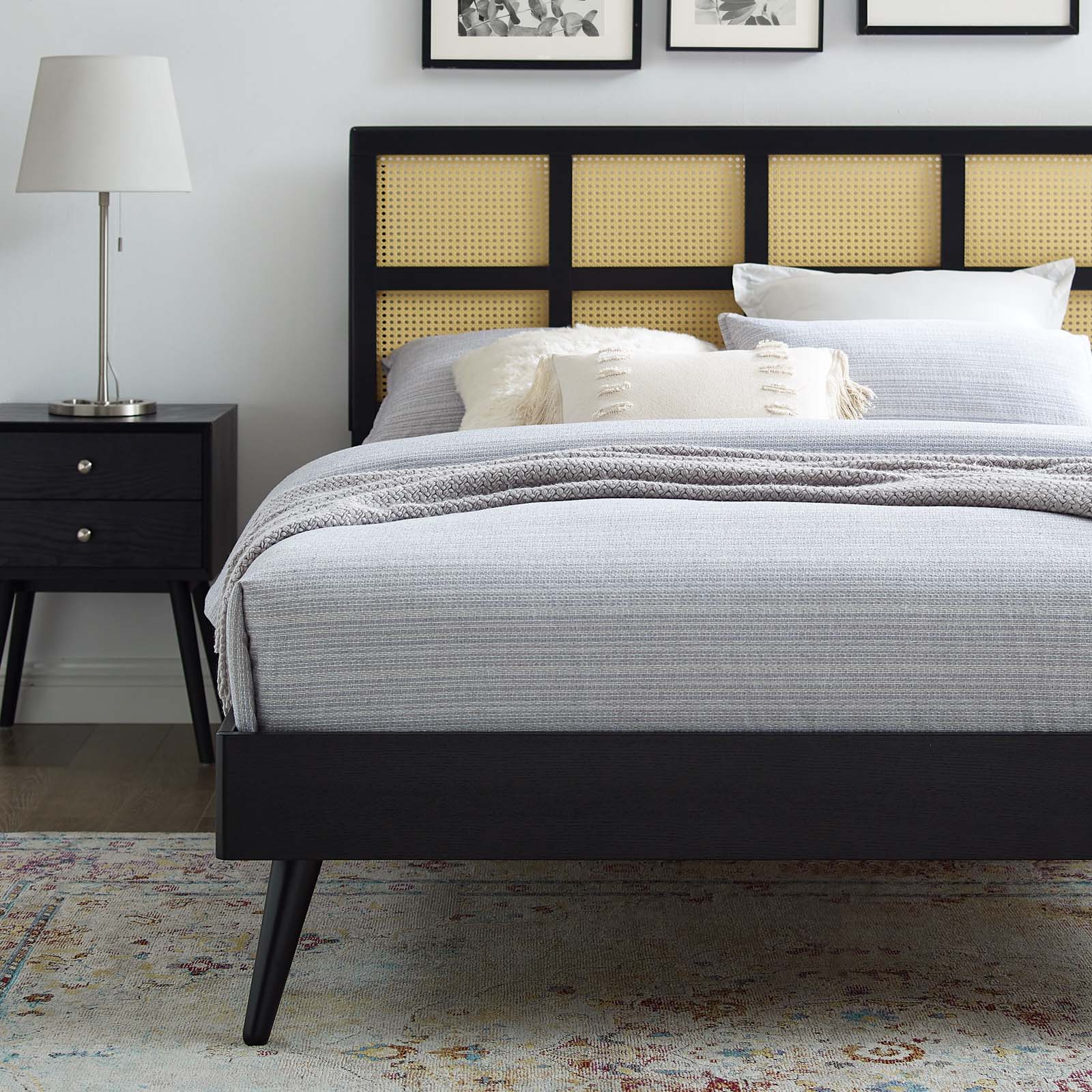 Sidney Cane and Wood Queen Platform Bed With Splayed Legs - East Shore Modern Home Furnishings