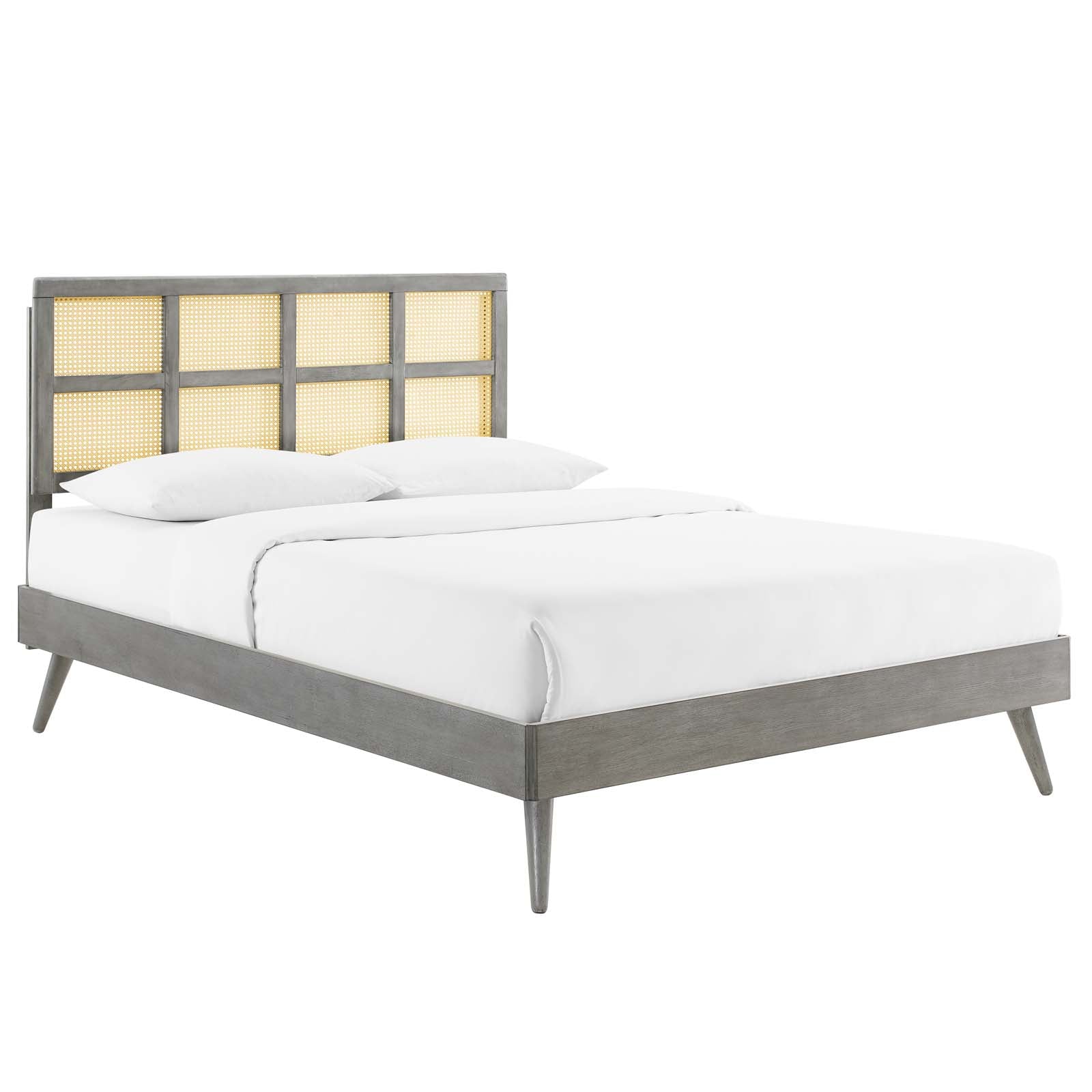 Sidney Cane and Wood Queen Platform Bed With Splayed Legs - East Shore Modern Home Furnishings