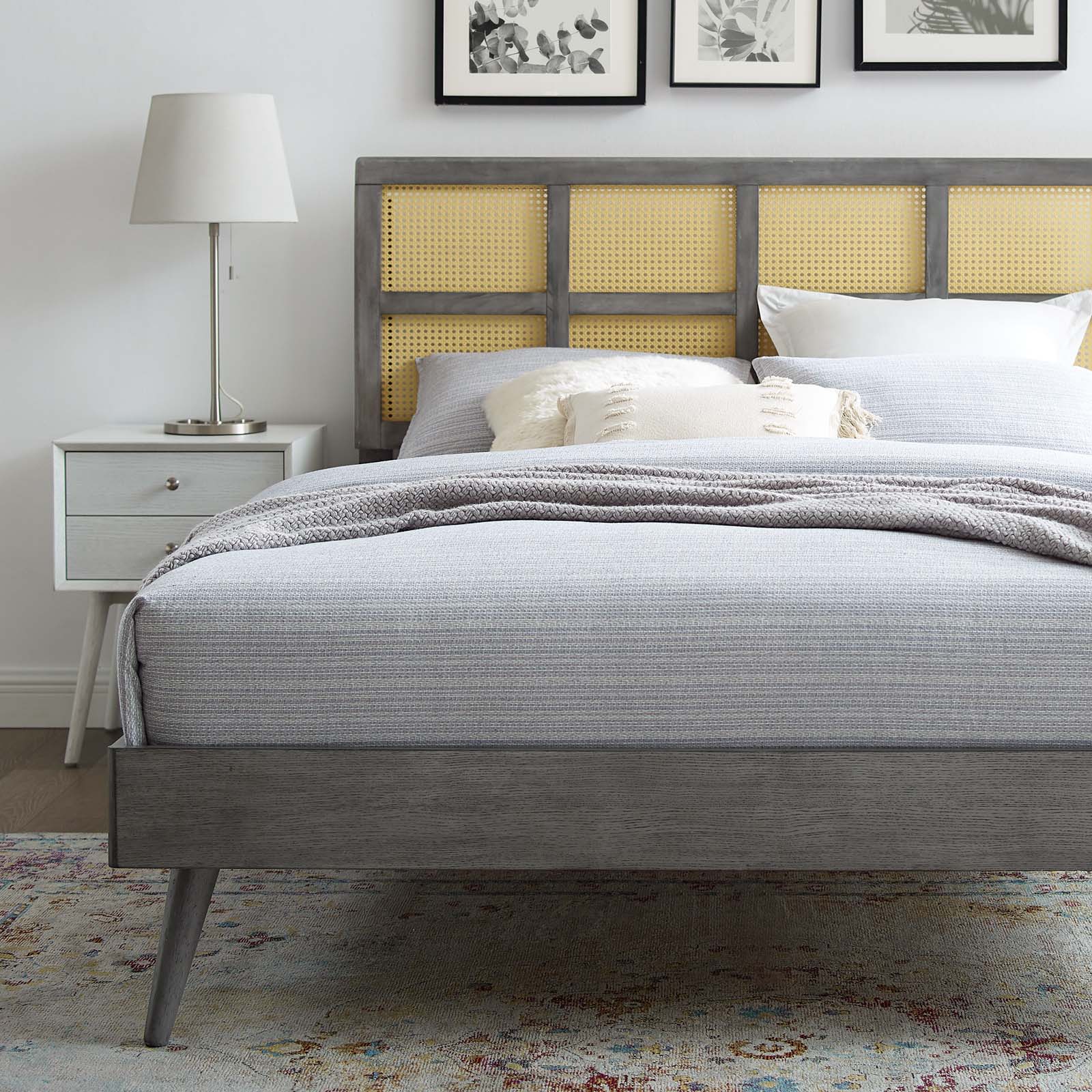 Sidney Cane and Wood Queen Platform Bed With Splayed Legs - East Shore Modern Home Furnishings