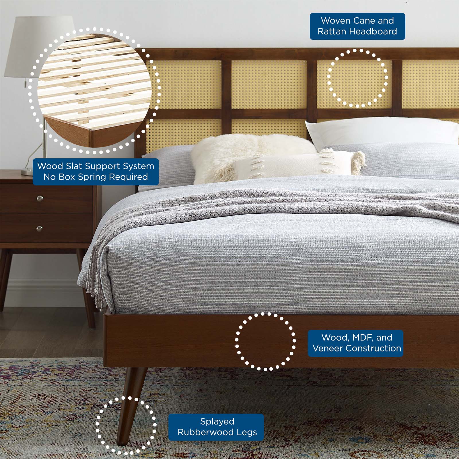 Sidney Cane and Wood Queen Platform Bed With Splayed Legs - East Shore Modern Home Furnishings