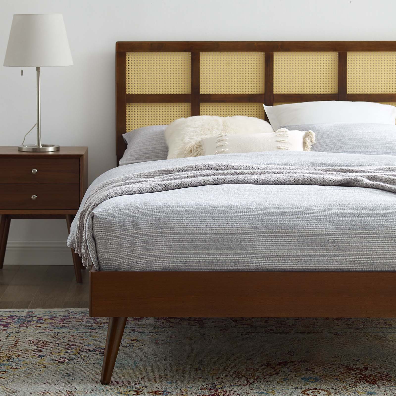 Sidney Cane and Wood Queen Platform Bed With Splayed Legs - East Shore Modern Home Furnishings