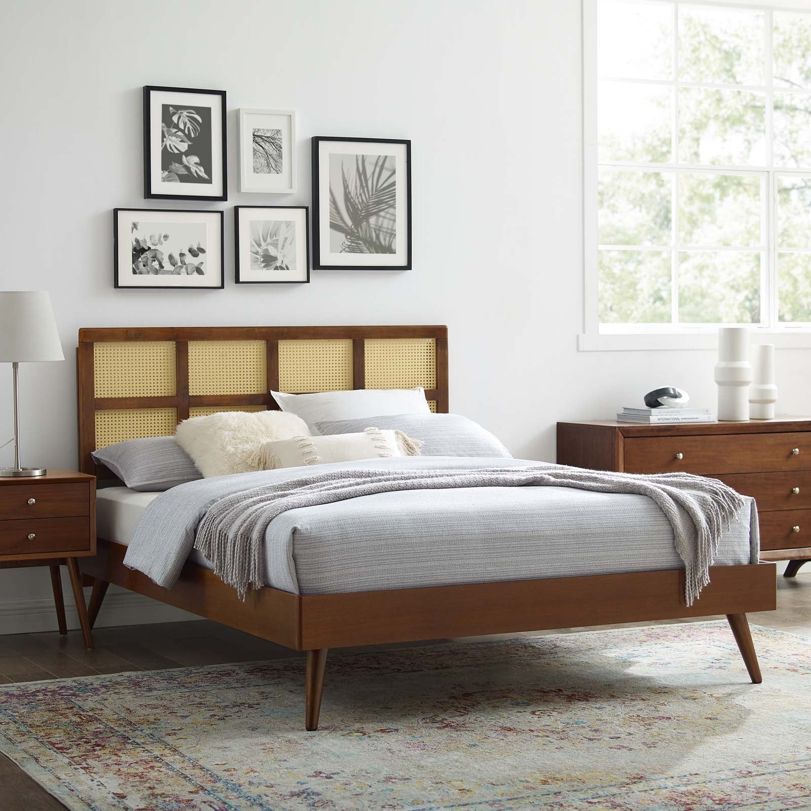 Sidney Cane and Wood Queen Platform Bed With Splayed Legs - East Shore Modern Home Furnishings