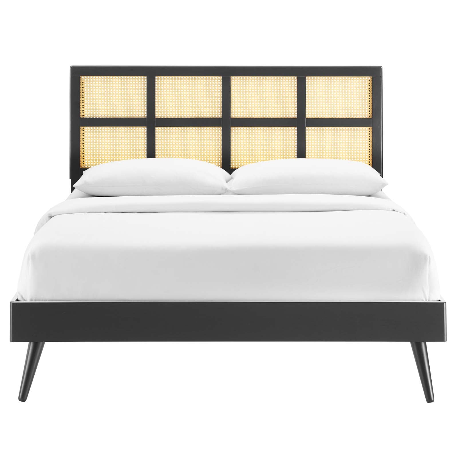 Sidney Cane and Wood Full Platform Bed With Splayed Legs