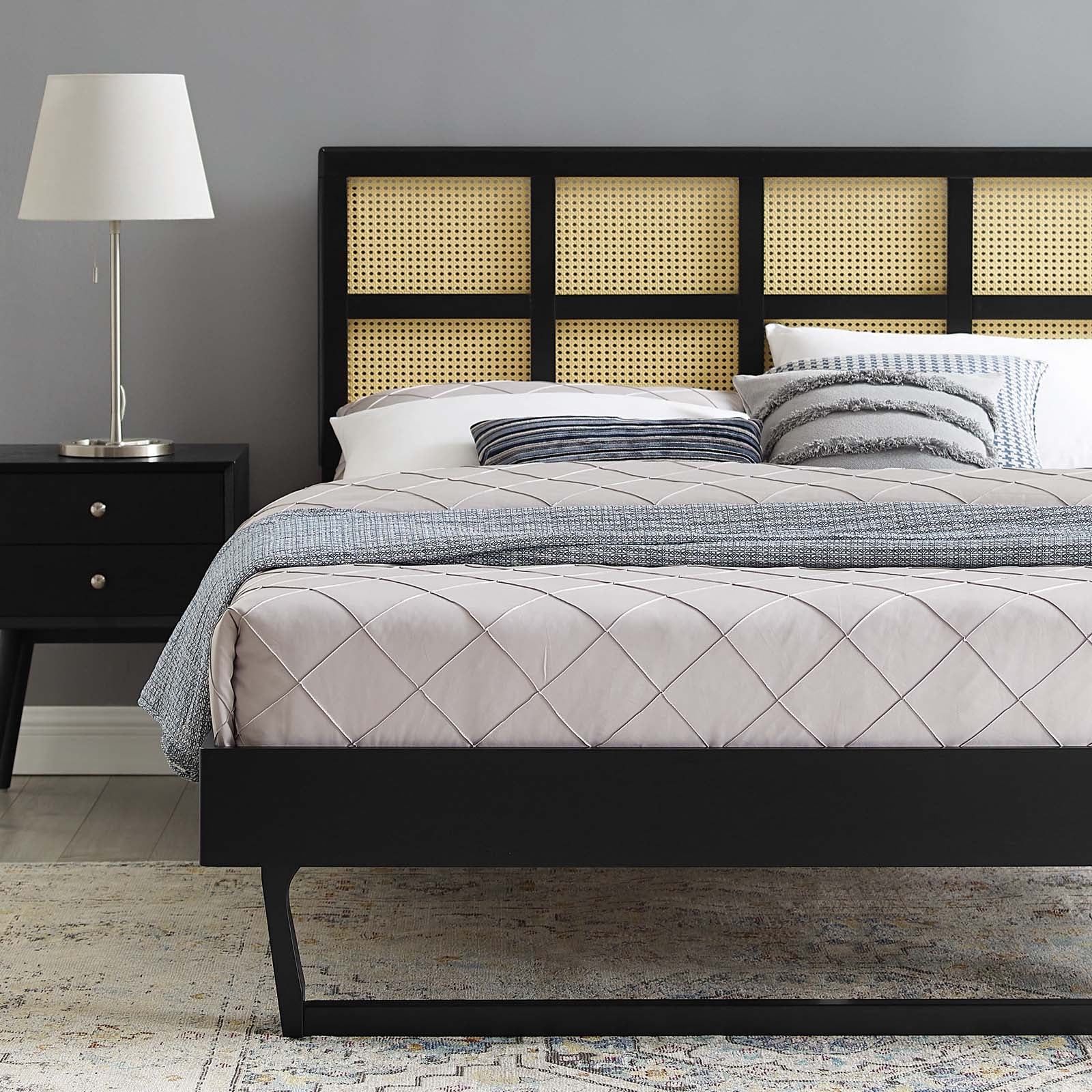 Sidney Cane and Wood King Platform Bed With Angular Legs
