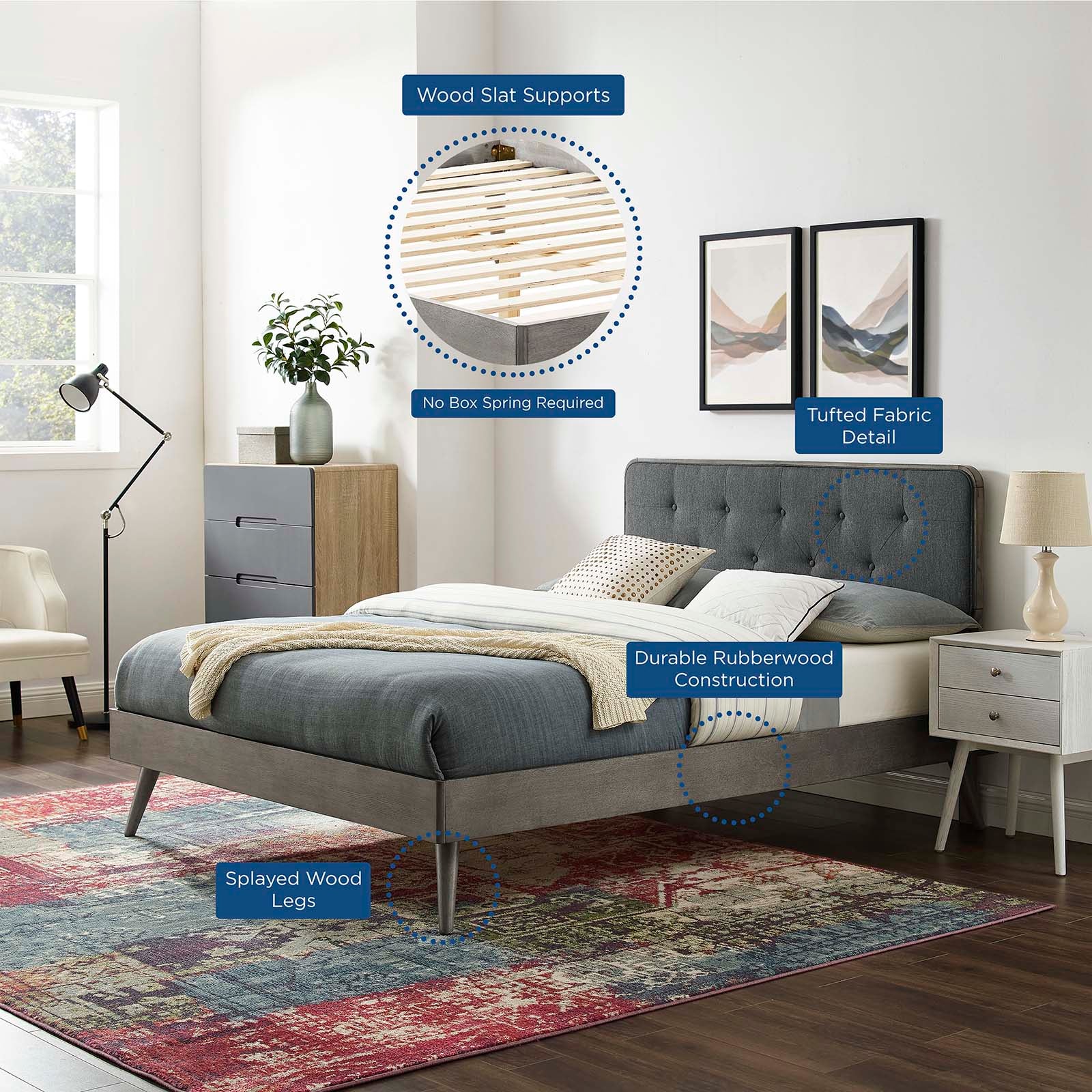 Bridgette Queen Wood Platform Bed With Splayed Legs