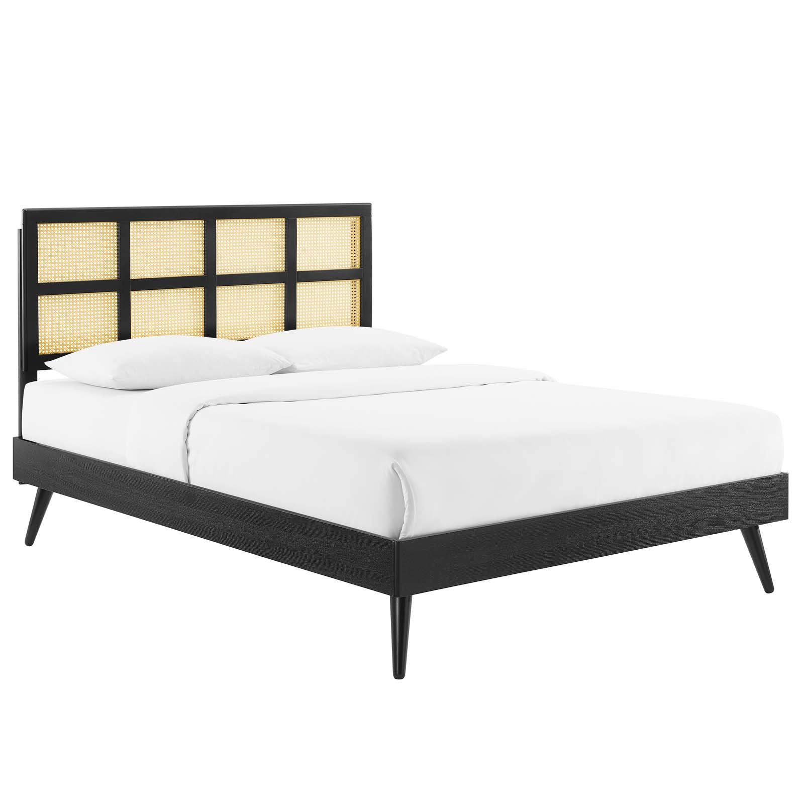 Sidney Cane and Wood King Platform Bed With Splayed Legs - East Shore Modern Home Furnishings