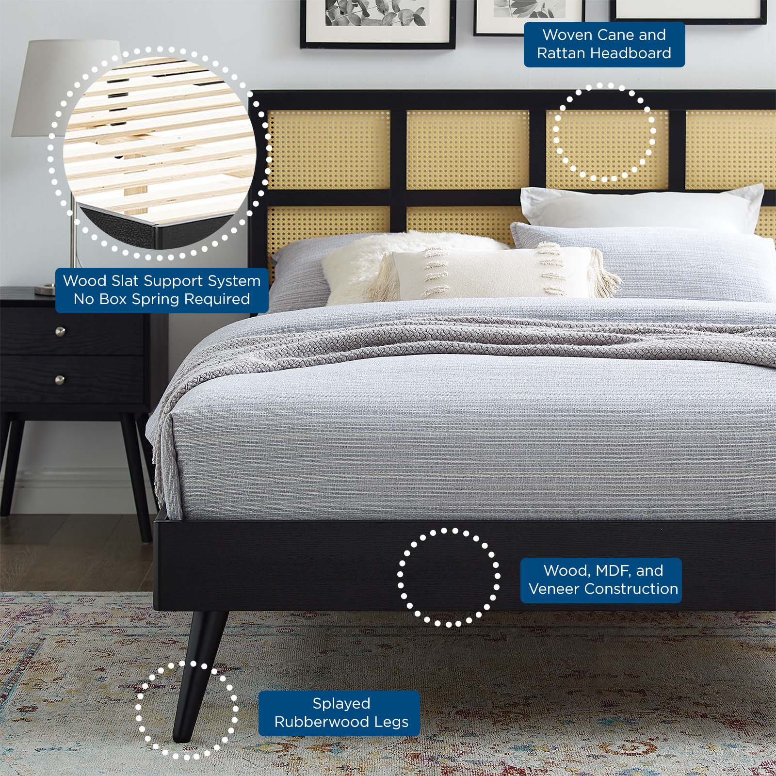 Sidney Cane and Wood King Platform Bed With Splayed Legs - East Shore Modern Home Furnishings