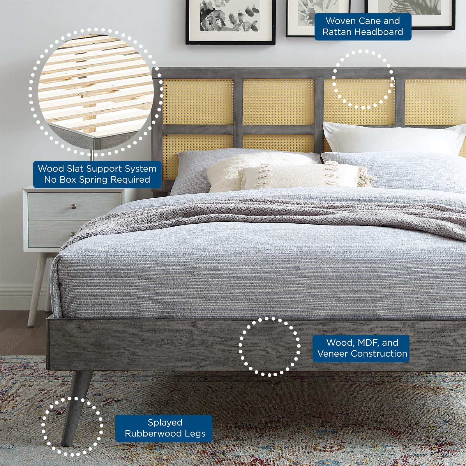 Sidney Cane and Wood King Platform Bed With Splayed Legs - East Shore Modern Home Furnishings