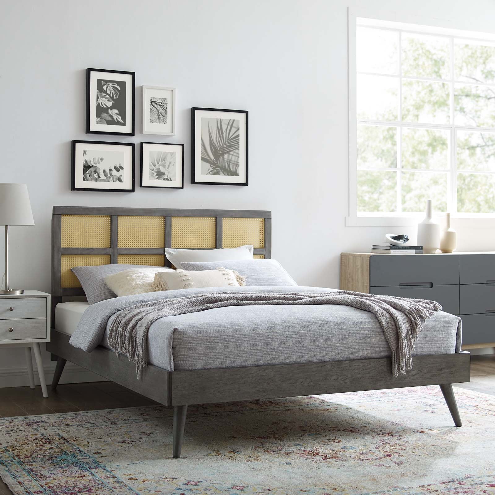 Sidney Cane and Wood King Platform Bed With Splayed Legs - East Shore Modern Home Furnishings