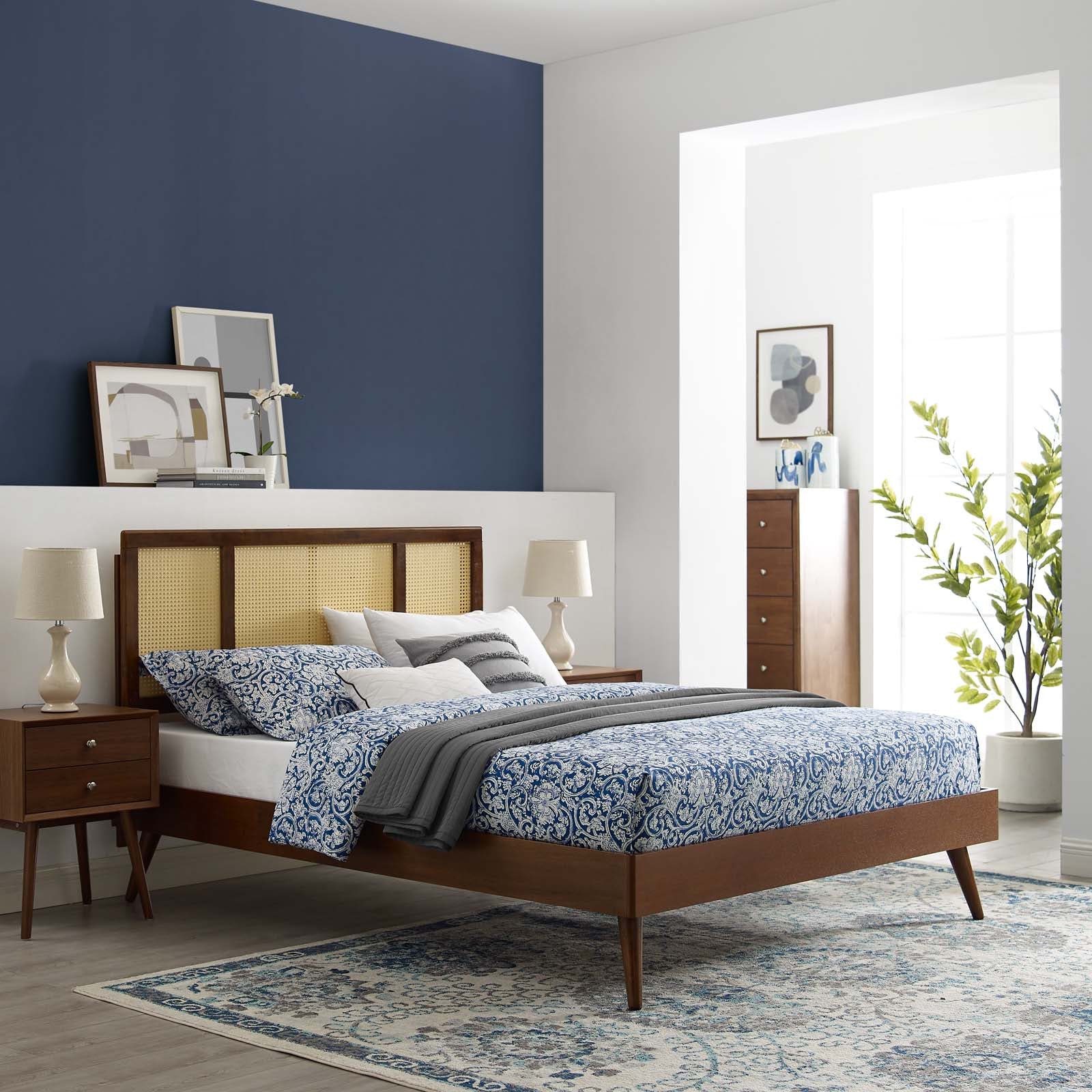 Kelsea Cane and Wood Platform Bed With Splayed Legs - East Shore Modern Home Furnishings
