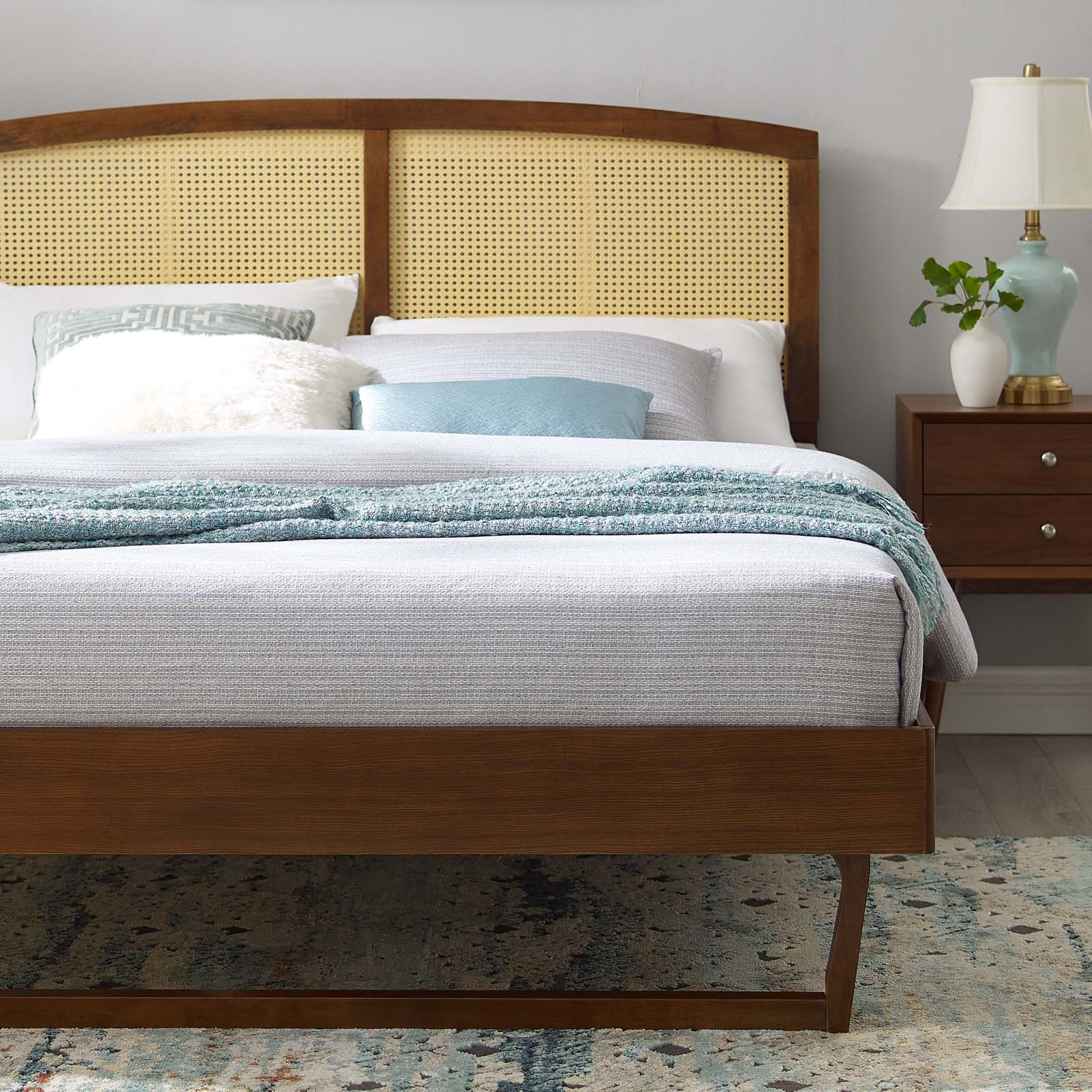 Sierra Cane and Wood Full Platform Bed With Angular Legs - East Shore Modern Home Furnishings