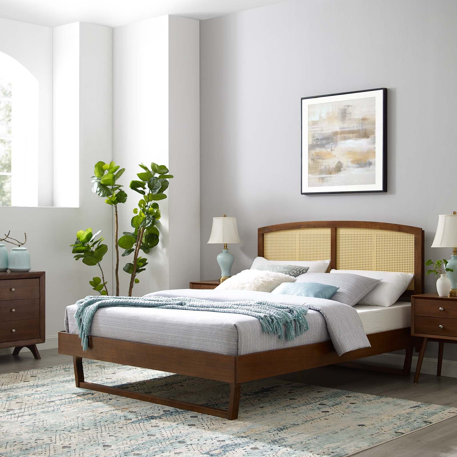 Sierra Cane and Wood Full Platform Bed With Angular Legs - East Shore Modern Home Furnishings
