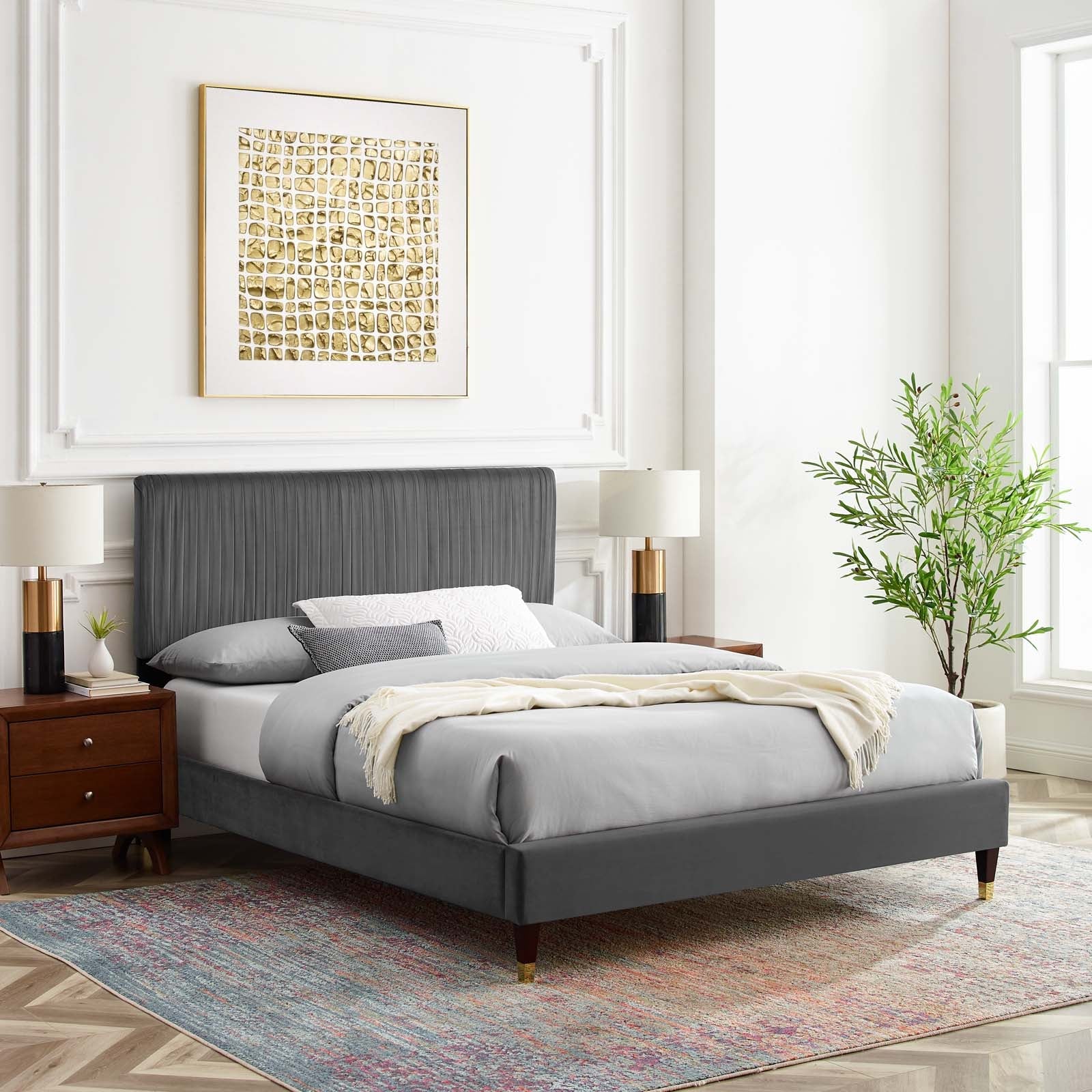 Peyton Performance Velvet Platform Bed with Wood Legs and Metal Sleeves - East Shore Modern Home Furnishings