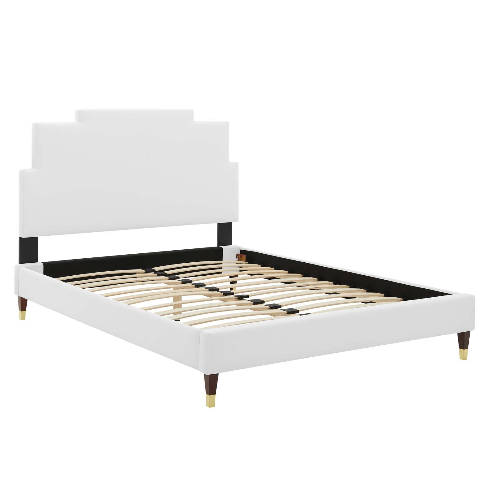 Lindsey Performance Velvet Platform Bed with Gold Metal Sleeves - East Shore Modern Home Furnishings