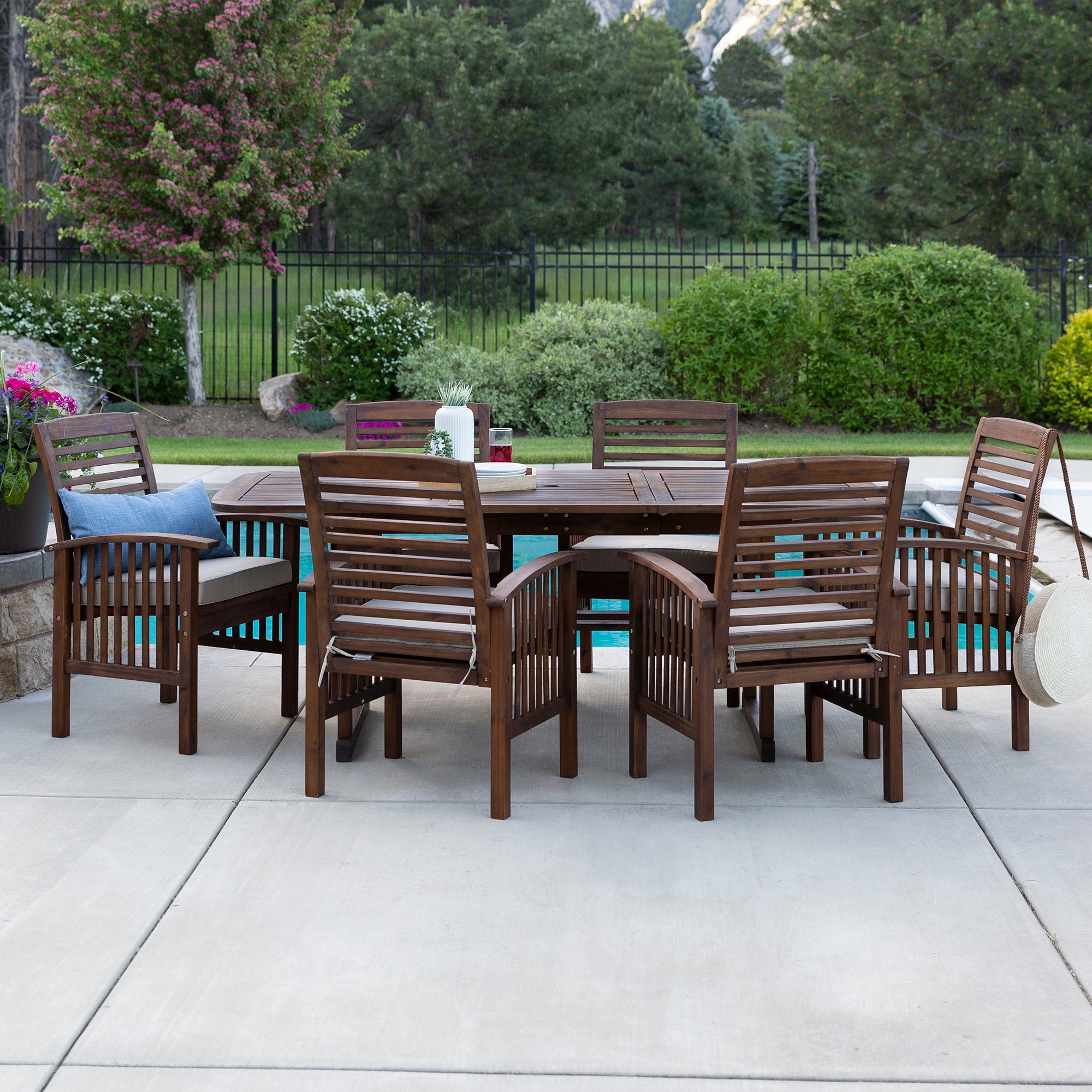 Midland 7-Piece Extendable Acacia Wood Outdoor Patio Dining Set with Cushions - East Shore Modern Home Furnishings