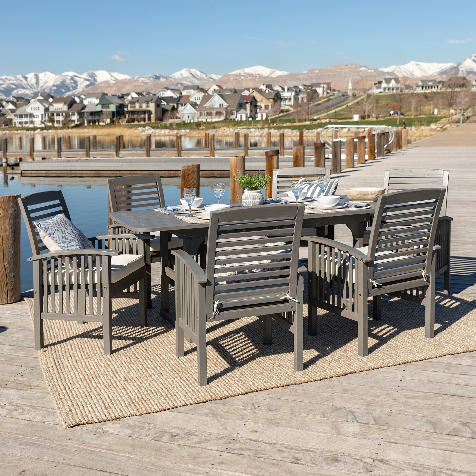 Midland 7-Piece Extendable Acacia Wood Outdoor Patio Dining Set with Cushions - East Shore Modern Home Furnishings