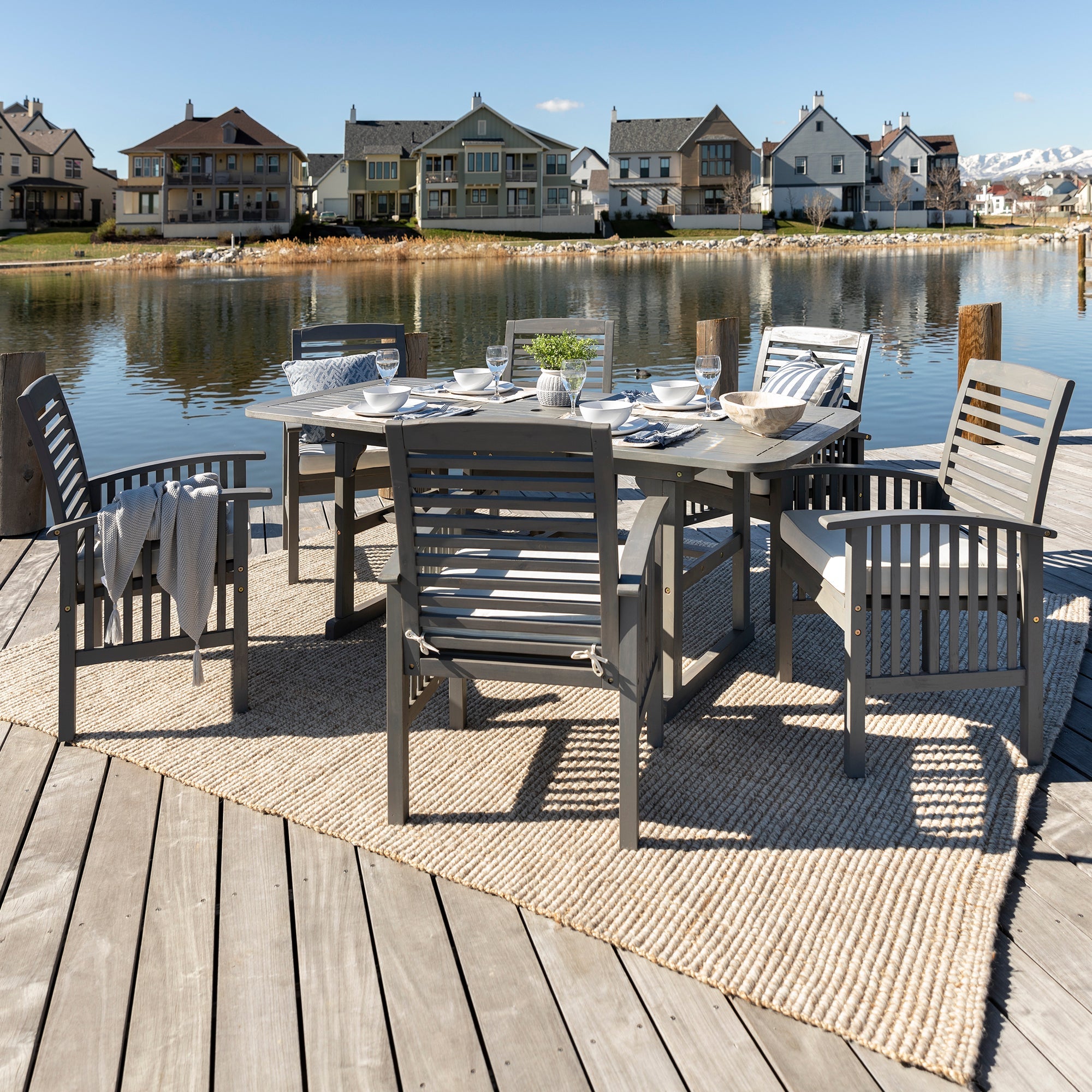 Midland 7-Piece Extendable Acacia Wood Outdoor Patio Dining Set with Cushions - East Shore Modern Home Furnishings