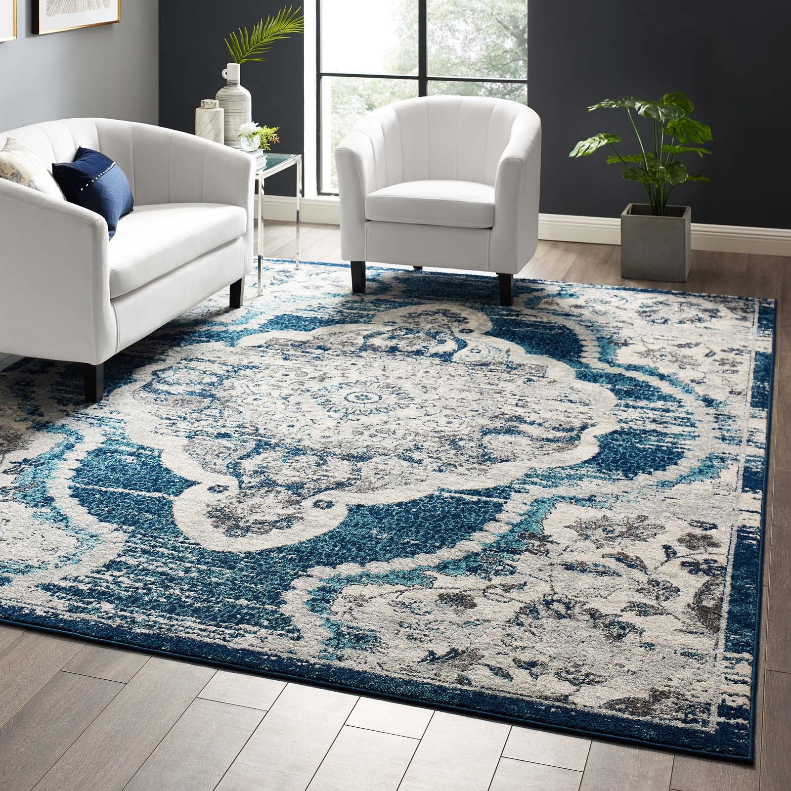Entourage Malia Distressed Vintage Floral Persian Medallion Area Rug - East Shore Modern Home Furnishings