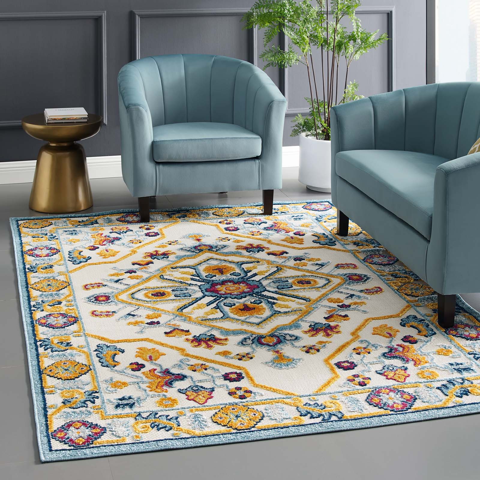 Reflect Freesia Distressed Floral Persian Medallion 5x8 Indoor and Outdoor Area Rug - East Shore Modern Home Furnishings