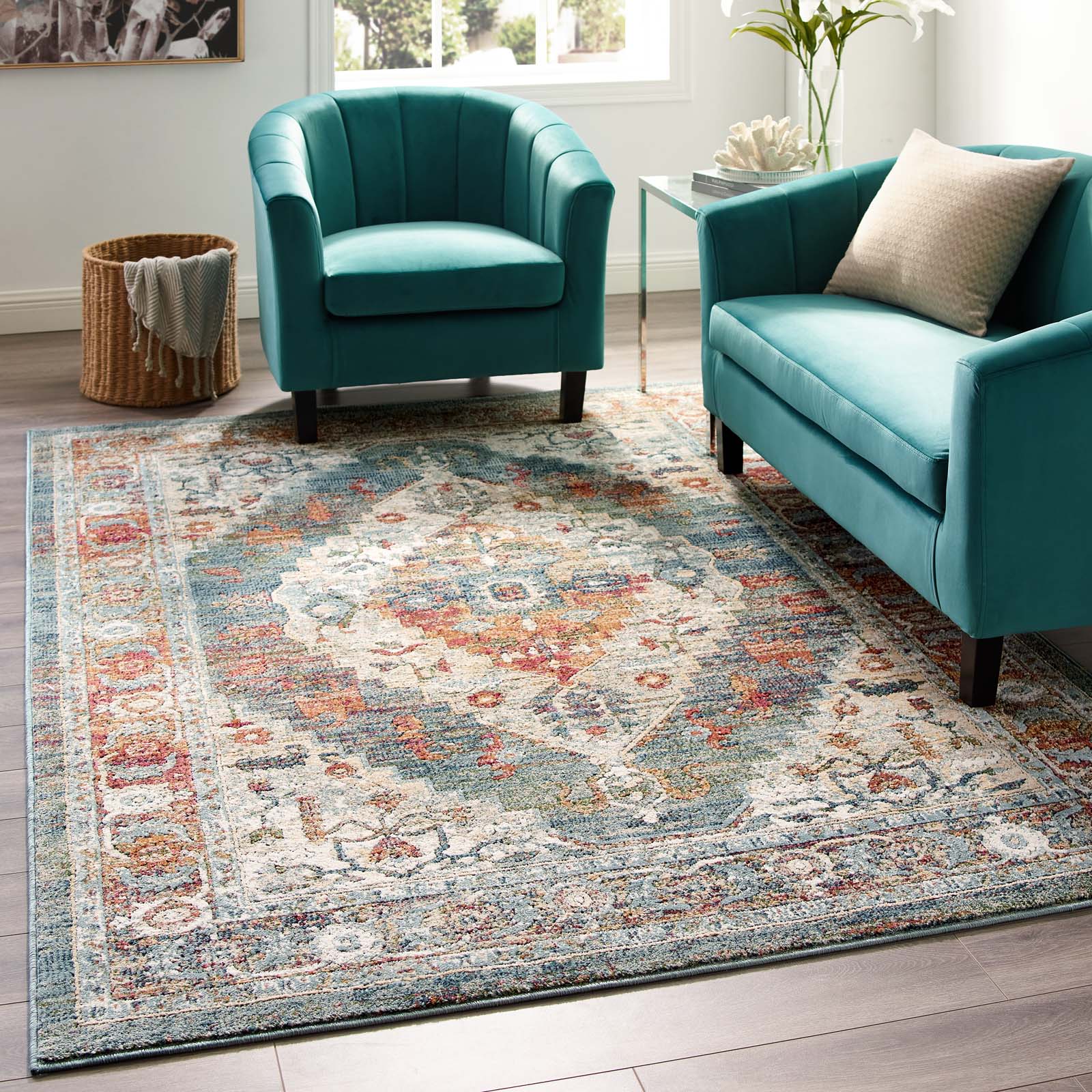 Tribute Camellia Distressed Vintage Floral Persian Medallion Area Rug - East Shore Modern Home Furnishings
